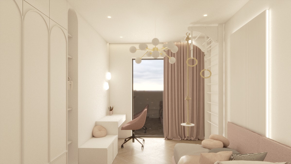 Jasny pokój dziecięcy z białymi meblami o zaokrąglonych kształtach, różowym akcentem w postaci zasłon i krzesła, oraz drabinką gimnastyczną. Nowoczesny design.