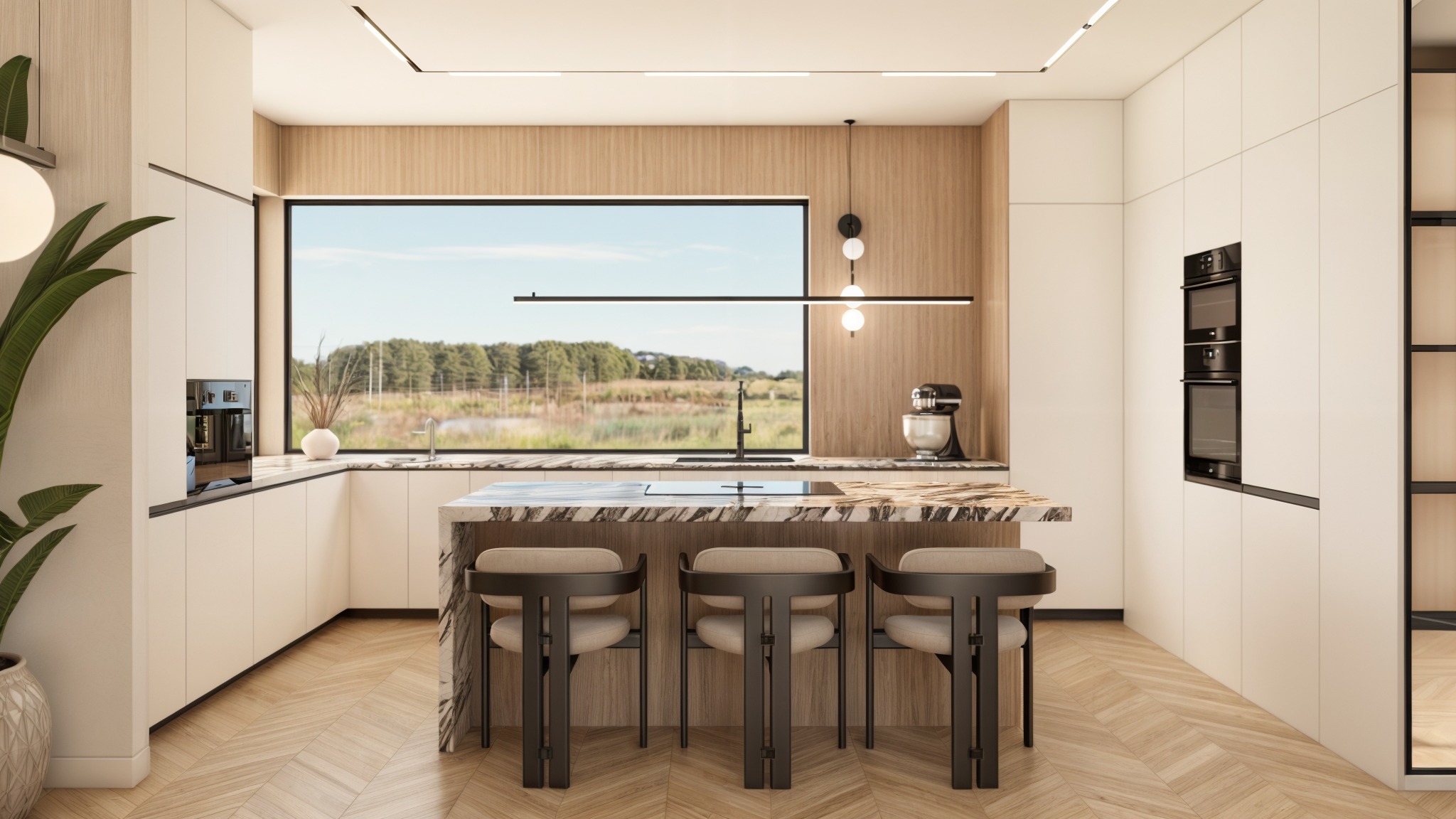 Nowoczesna kuchnia z wyspą i trzema krzesłami barowymi. Duże okno z widokiem na zieleń. Minimalistyczne oświetlenie i sprzęt AGD w zabudowie.