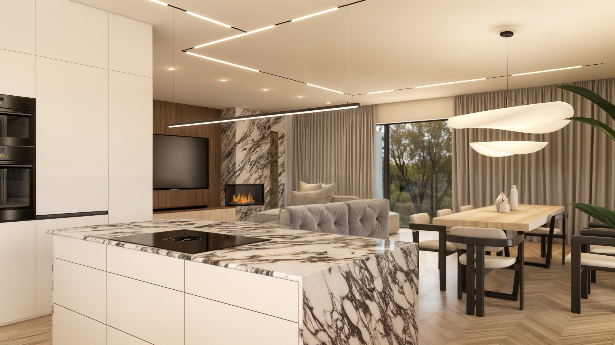 Nowoczesne wnętrze: marmurowy blat kuchenny, drewniany stół jadalny, szara sofa i telewizor nad kominkiem. Oświetlenie liniowe i lampa wisząca dopełniają aranżację.