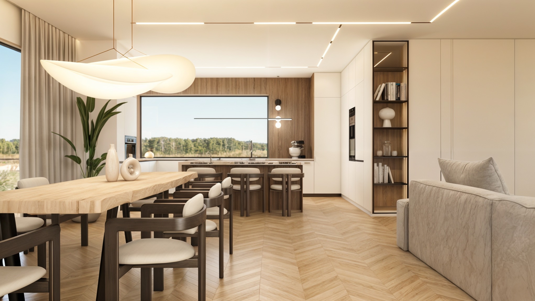 Jasna, nowoczesna jadalnia z drewnianym stołem i krzesłami, otwartą kuchnią z oknem na zieleń i parkietem w jodełkę. Designerska lampa nad stołem.