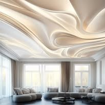 Nowoczesny salon z dekoracyjnym, podświetlanym sufitem o falistym kształcie. Jasne wnętrze z dużymi oknami i minimalistycznymi meblami.