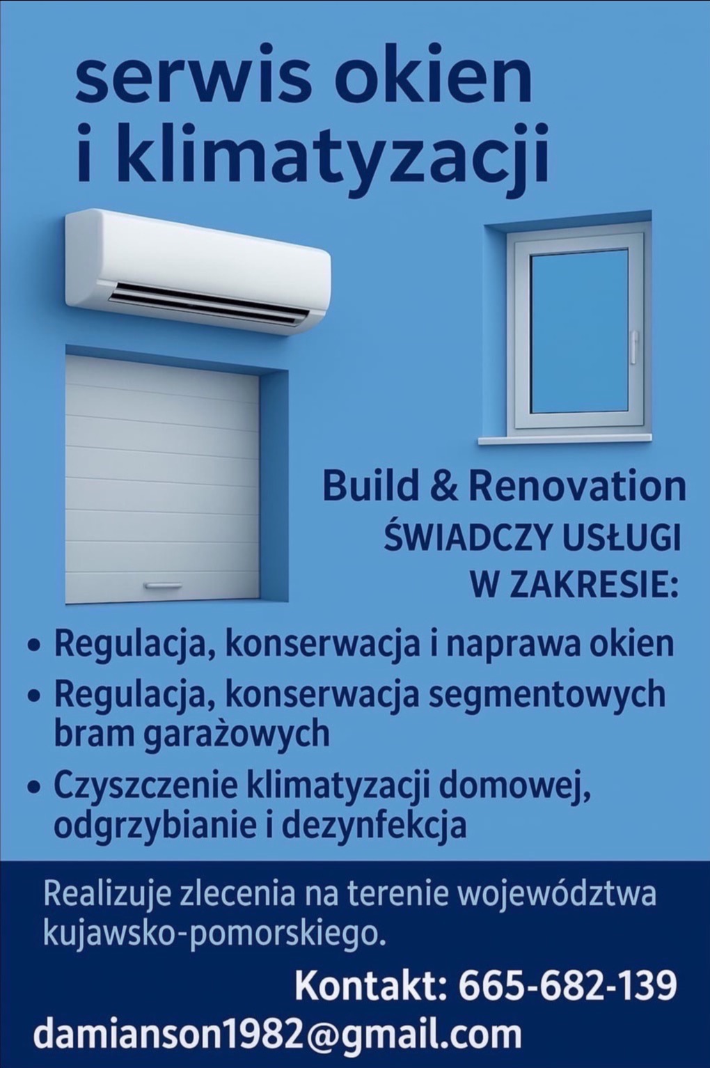 Grafika reklamowa: okno, klimatyzator i brama garażowa na niebieskim tle. Oferta usług: naprawa okien, bram garażowych i klimatyzacji domowej w kujawsko-pomorskim.
