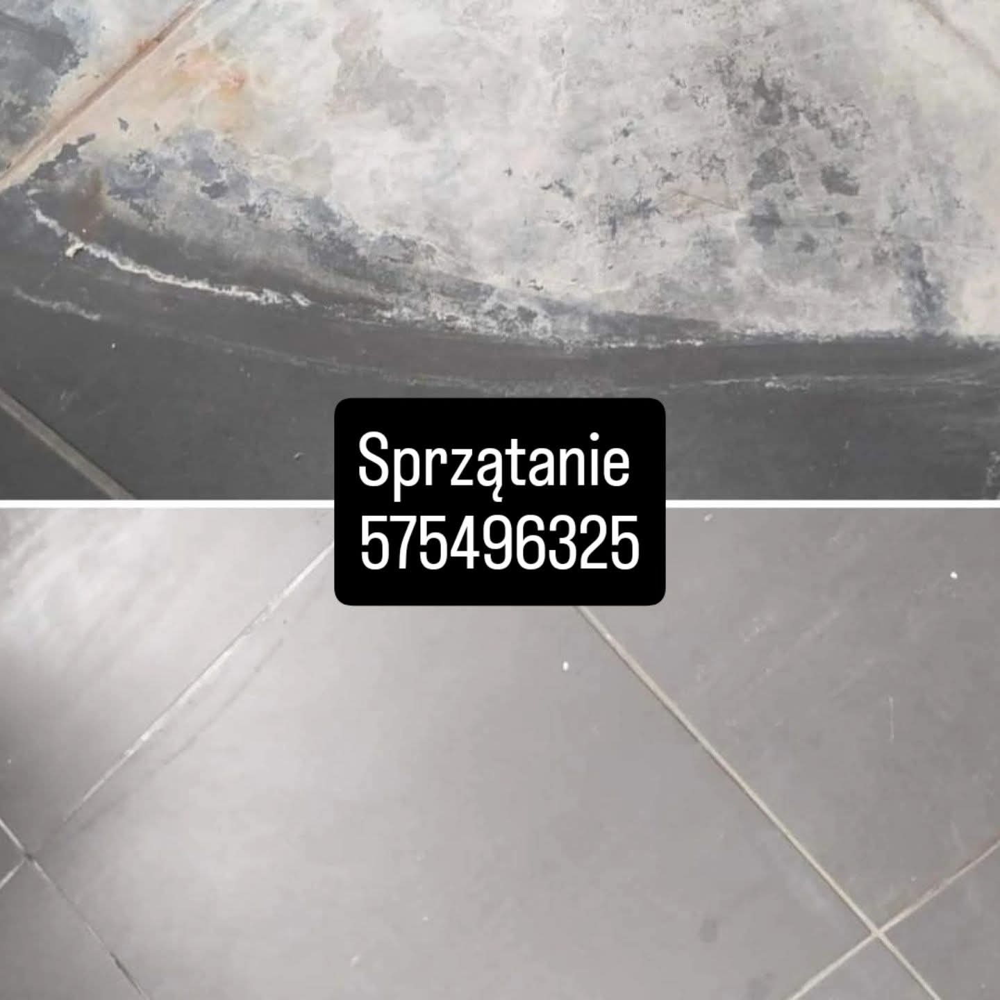 Zestawienie: zabrudzona, zagrzybiała powierzchnia przed czyszczeniem i czysta, szara podłoga po usunięciu zanieczyszczeń. Widoczny numer telefonu.