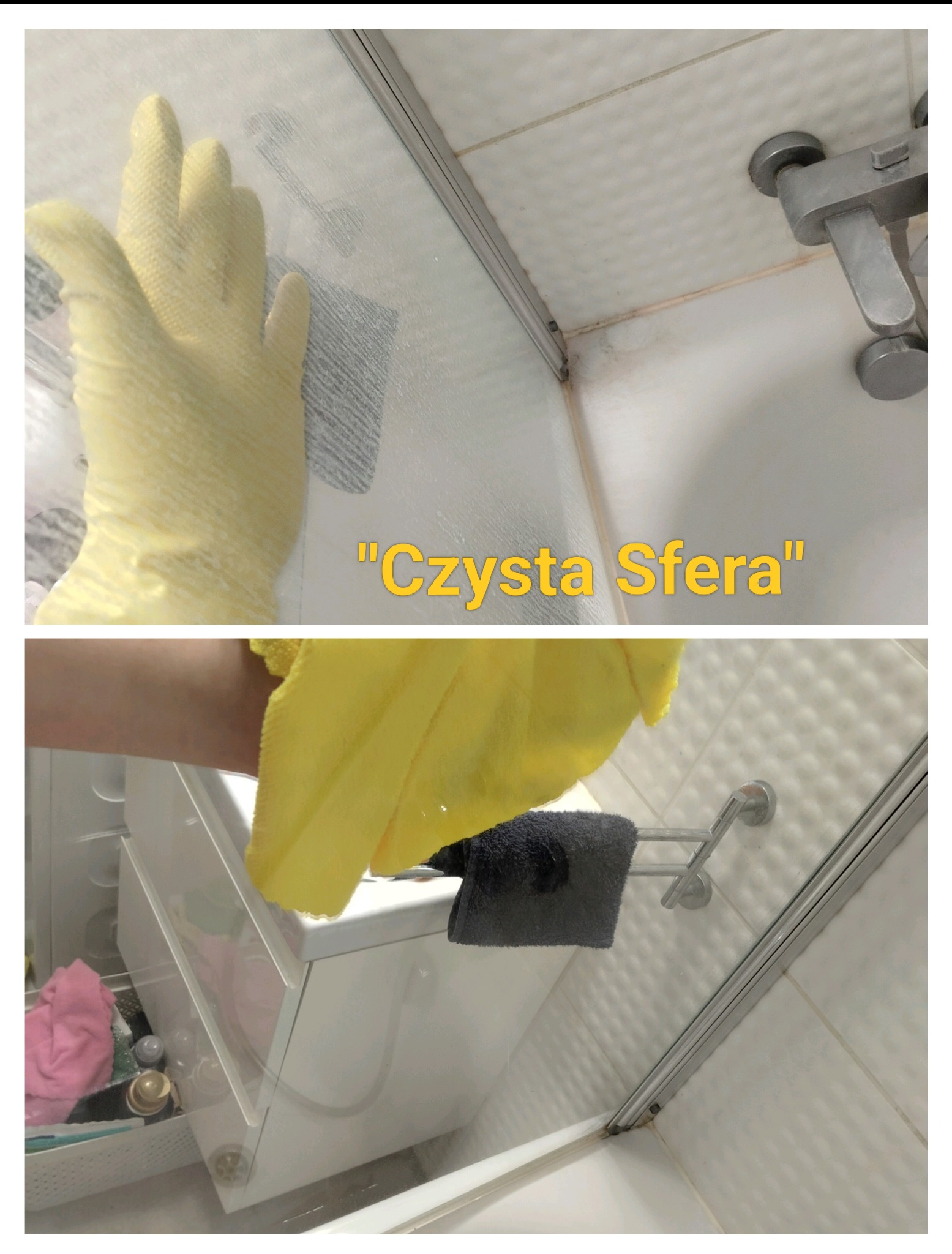 Czyszczenie kabiny prysznicowej: żółta rękawica i ściereczka usuwają zabrudzenia z płytek i szkła. Widoczne detale armatury i pozostałości po czyszczeniu.