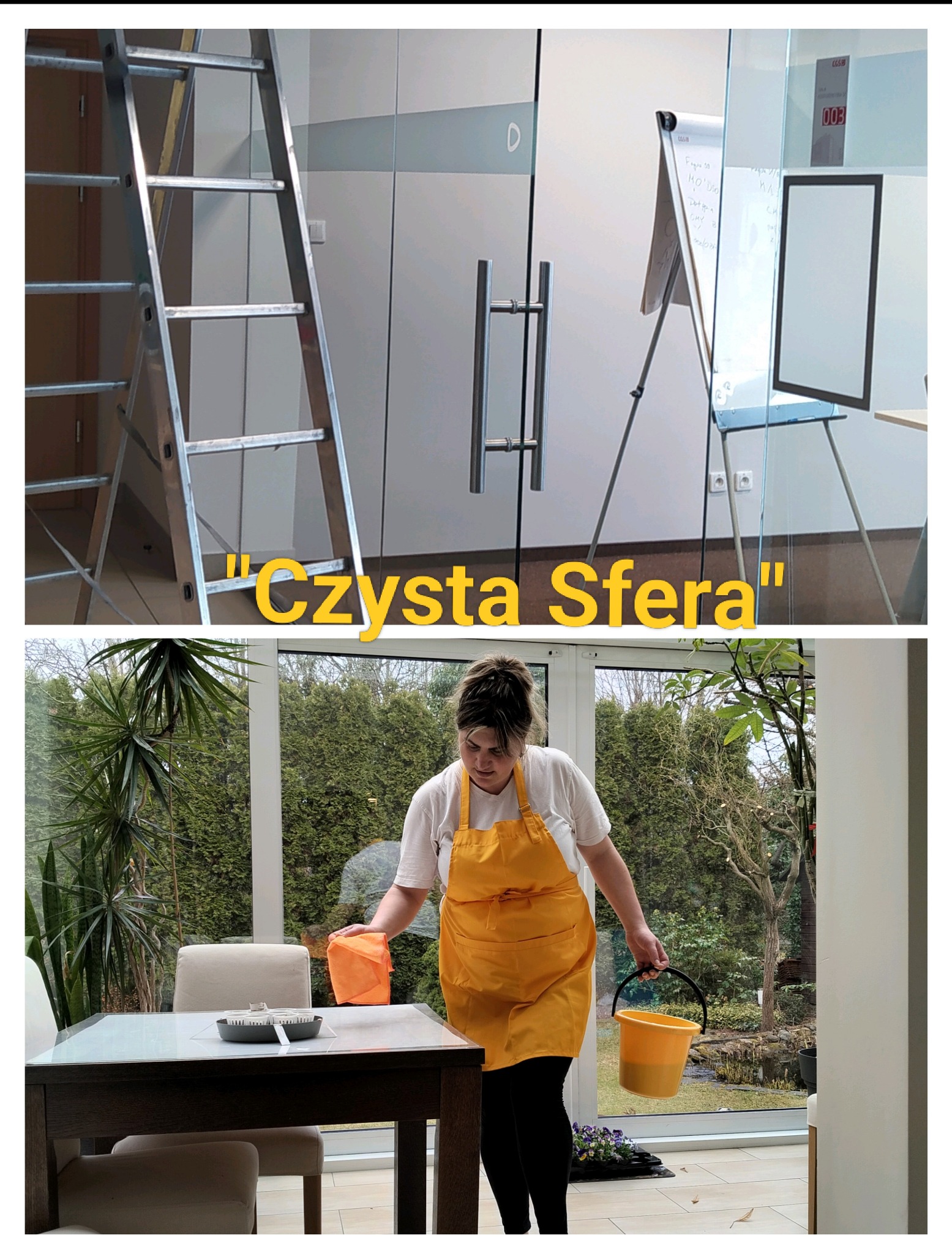 Kobieta w żółtym fartuchu czyści szklany stół w oranżerii. W tle zieleń ogrodu. Na górze drabina i tablica w biurze. Dwie sceny z pracy firmy sprzątającej.