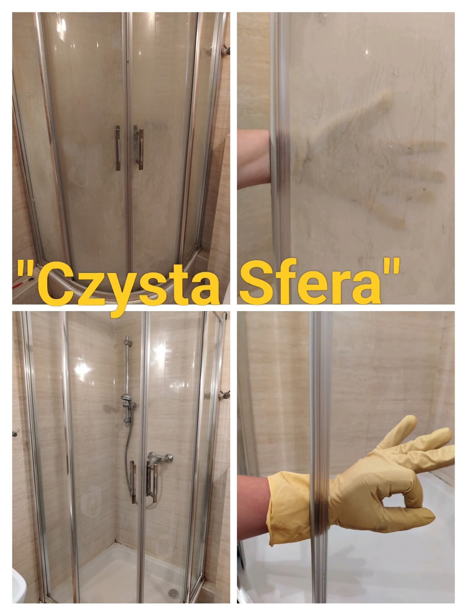 Czteropanelowe ujęcie kabiny prysznicowej przed i po czyszczeniu, z dłonią w rękawicy wskazującą na czystość. Widoczne zacieki i efekt po umyciu.