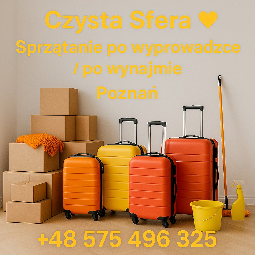 Kolorowe walizki i kartony obok sprzętu do sprzątania, z napisem 'Sprzątanie po wyprowadzce/wynajmie Poznań' i numerem telefonu.