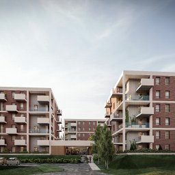 Cublo Sp. z o.o. - Wizualizacja zespołu budynków mieszkalnych z ceglaną elewacją i balkonami. Nowoczesna architektura, zieleń, samochody na parkingu. Dzień, lekka perspektywa.