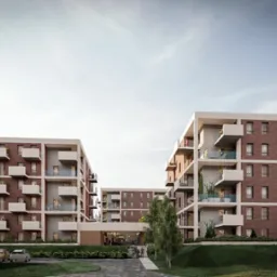 Wizualizacja zespołu budynków mieszkalnych z ceglaną elewacją i balkonami. Nowoczesna architektura, zieleń, samochody na parkingu. Dzień, lekka perspektywa.
