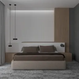 Nowoczesna sypialnia z łóżkiem w odcieniach beżu i brązu, minimalistyczne lampy wiszące, teksturowana ściana za wezgłowiem i szary dywan. Stonowana kolorystyka i elegancki design.