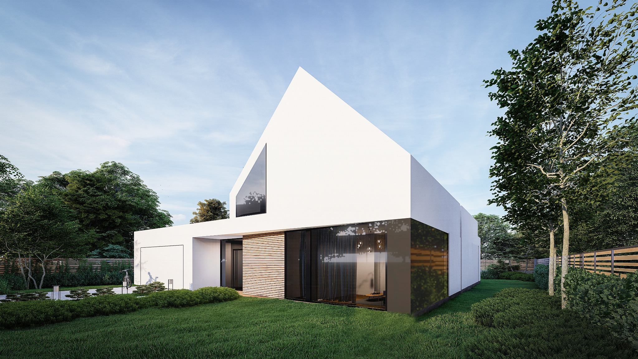 Nowoczesny, biały dom jednorodzinny z dużymi przeszkleniami i trójkątnym szczytem dachu, otoczony zielonym ogrodem. Widoczny rower oparty o ścianę garażu.
