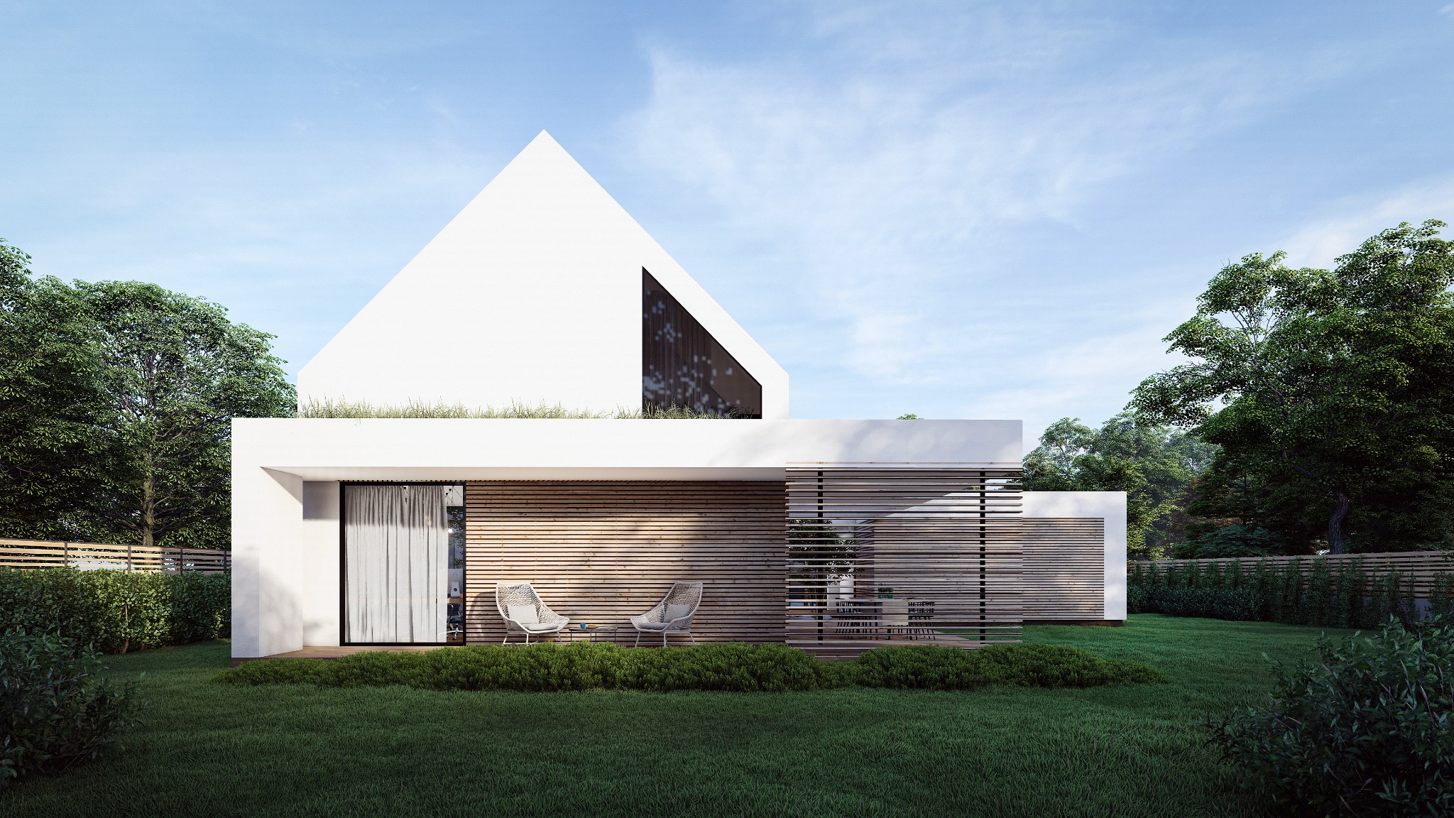 Nowoczesny dom jednorodzinny z białymi ścianami i drewnianą elewacją, otoczony zielenią. Widok z ogrodu na taras z meblami wypoczynkowymi.