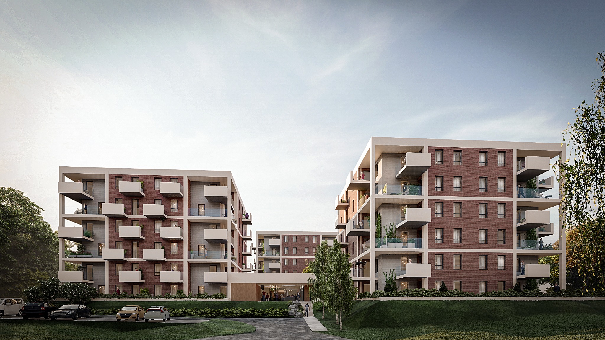 Wizualizacja zespołu budynków mieszkalnych z ceglaną elewacją i balkonami. Nowoczesna architektura, zieleń, samochody na parkingu. Dzień, lekka perspektywa.