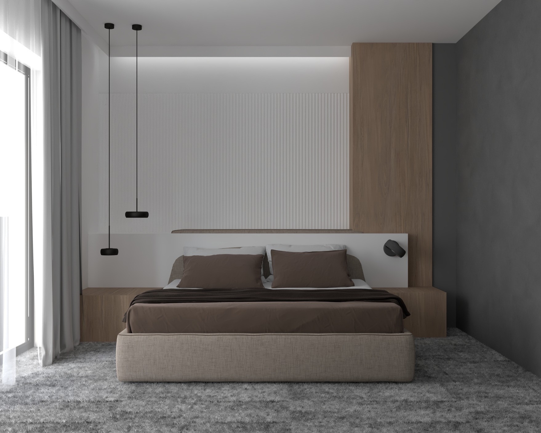 Nowoczesna sypialnia z łóżkiem w odcieniach beżu i brązu, minimalistyczne lampy wiszące, teksturowana ściana za wezgłowiem i szary dywan. Stonowana kolorystyka i elegancki design.