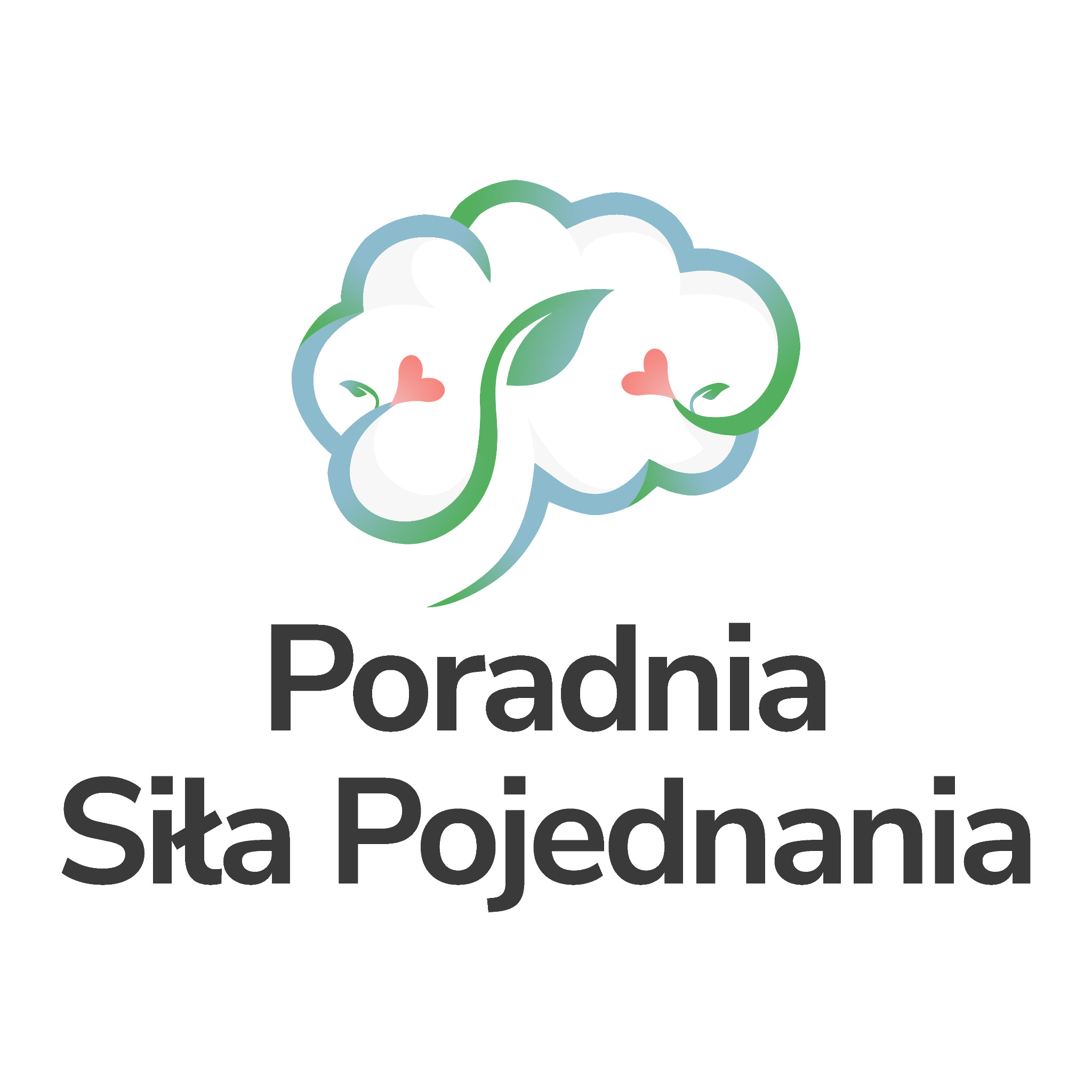 Logo poradni psychologicznej 'Siła Pojednania' z motywem roślinnym w kształcie mózgu, subtelna kolorystyka, profesjonalny design.