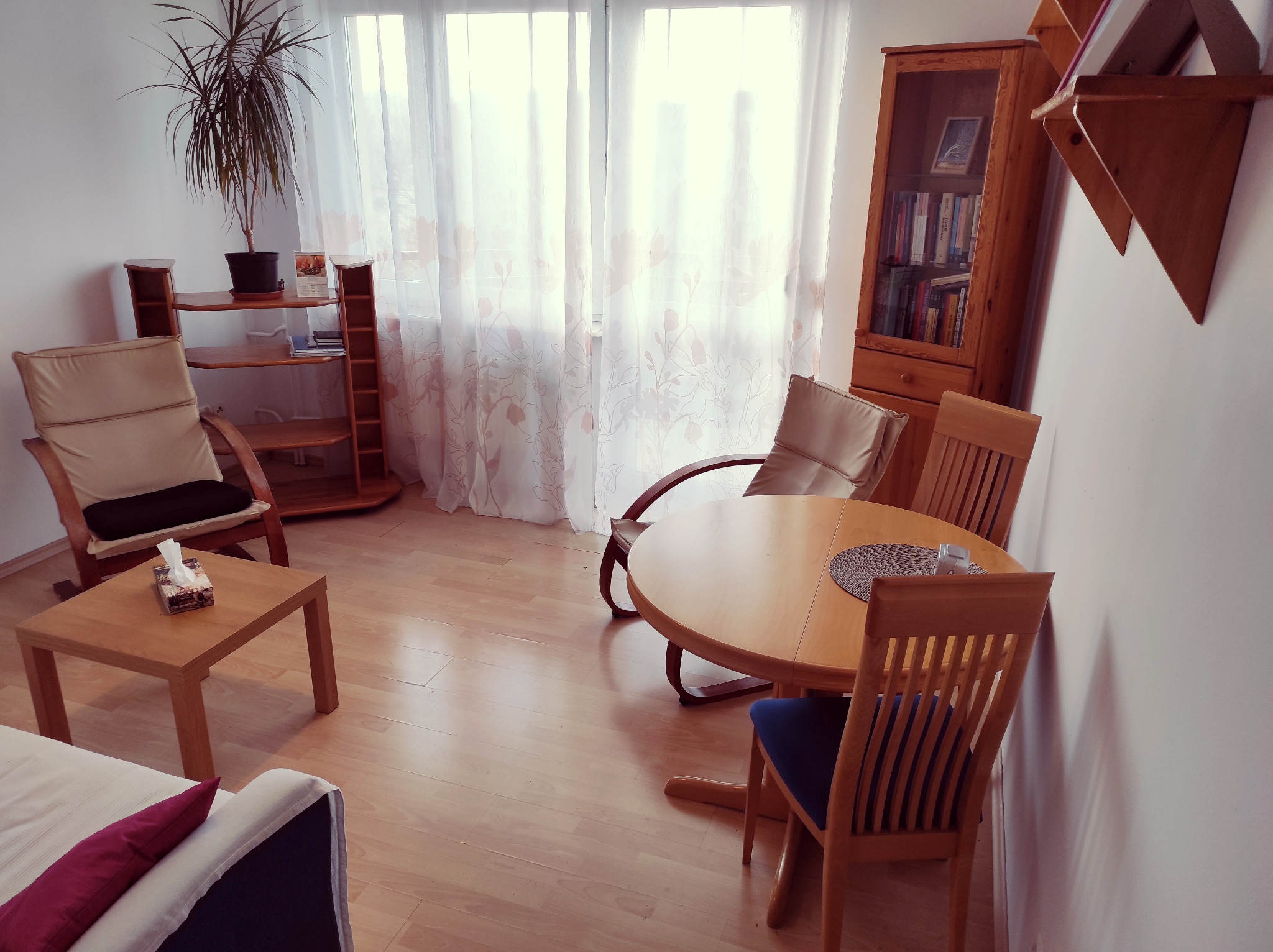 Jasny pokój z drewnianymi meblami: stół z krzesłami, regał z książkami, fotel. Na stole serweta i szklanka. W tle okno z delikatnymi zasłonami i roślina w doniczce.