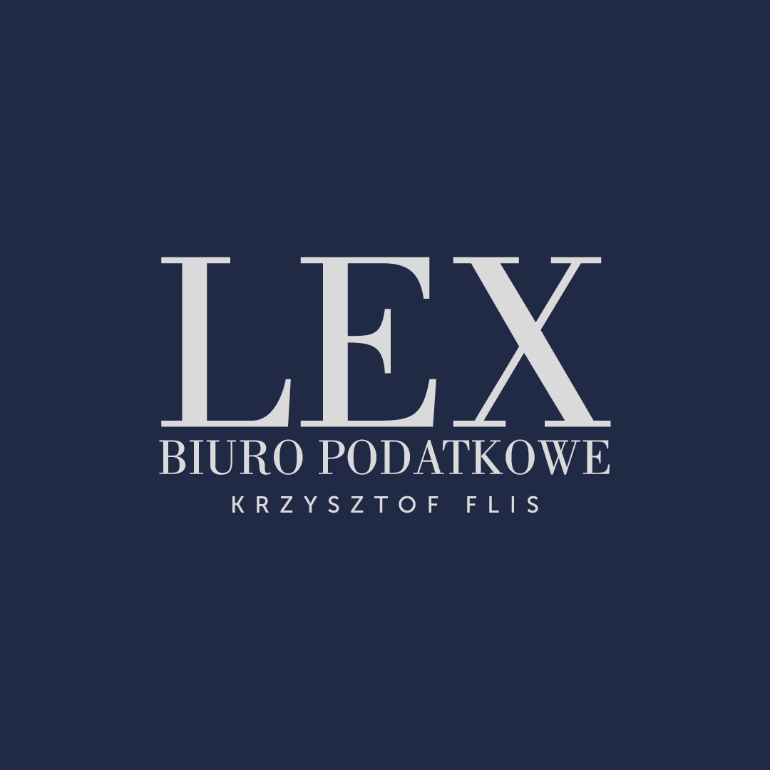 Logo biura podatkowego LEX Krzysztof Flis na granatowym tle. Elegancki font, stonowana kolorystyka.