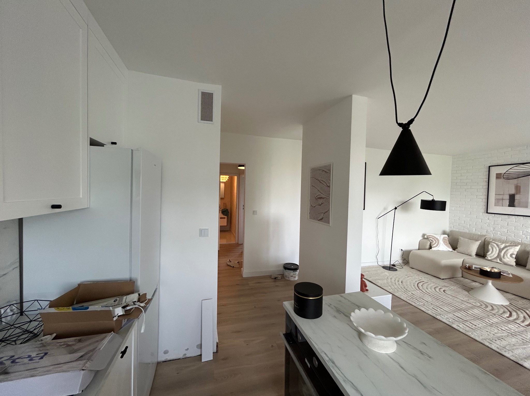 Jasne wnętrze w trakcie wykończenia: białe ściany, podłoga, widoczne puszki z farbą, kartony po meblach. W tle salon z sofą i dywanem. Minimalistyczny design.