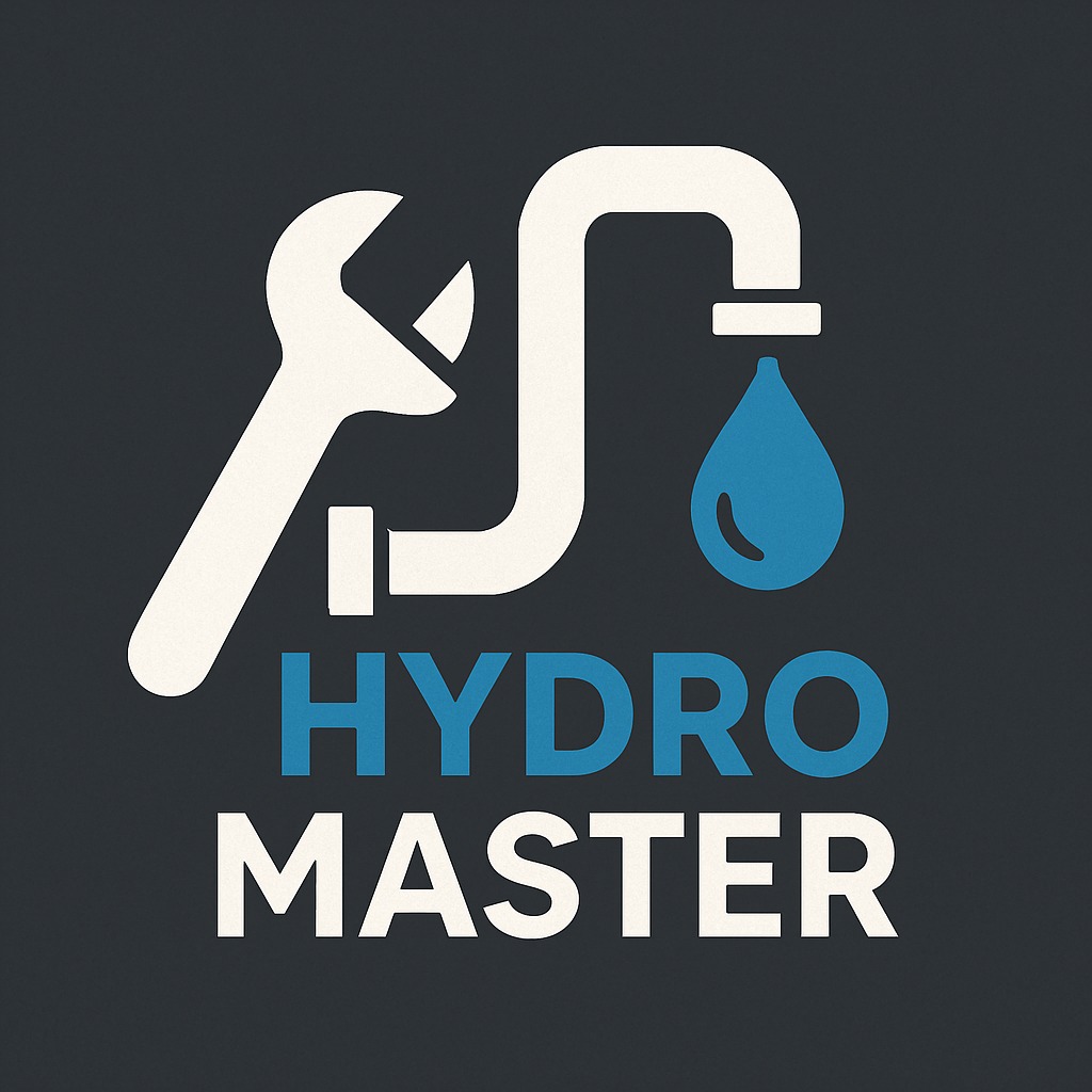Grafika: klucz nastawny, rura w kształcie litery S z kroplą wody; napis 'HYDRO MASTER' w kolorach niebieskim i kremowym na ciemnoszarym tle.