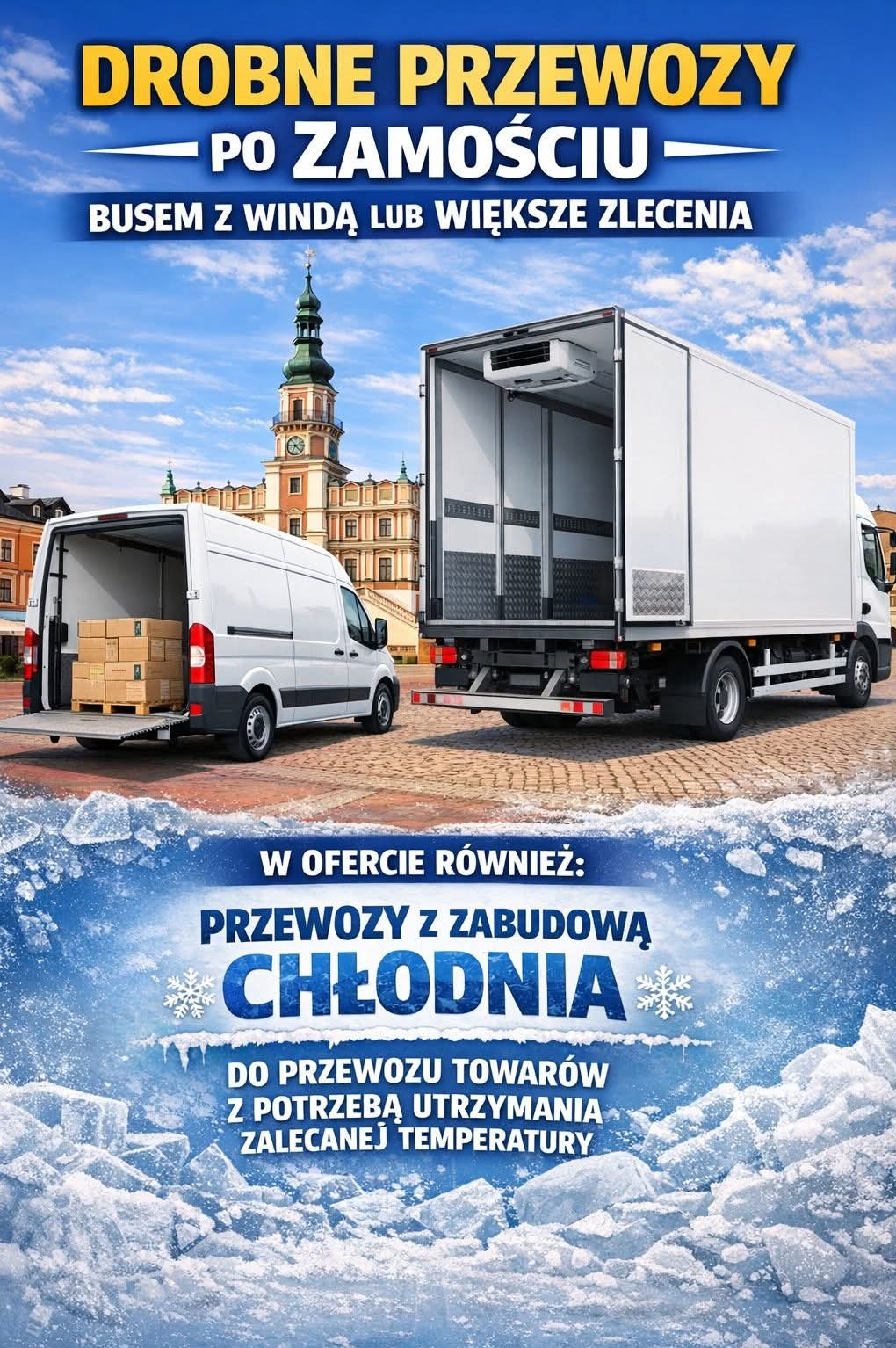Dwa busy: dostawczy z windą załadowany kartonami i chłodnia. Tło: Zamość. Oferta przewozów z zabudową chłodniczą, utrzymanie temperatury.