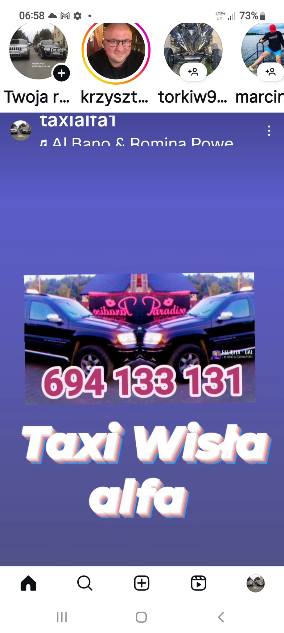 Grafika z dwoma samochodami Taxi Wisła Alfa, numerem telefonu 694 133 131 i logo Paradise, w stylu kolażu na fioletowym tle, imitująca zrzut ekranu z Instagrama.