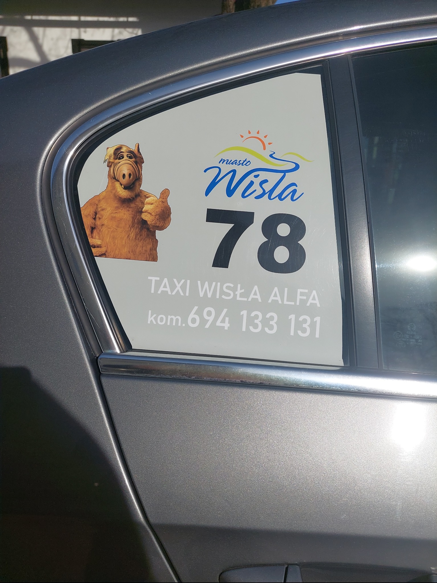 Boczny widok szarego samochodu z naklejką Taxi Wisła Alfa z Alfem i numerem 78 na tylnej szybie.