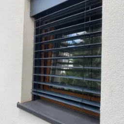 Szare listwy żaluzji fasadowej zamontowane w oknie budynku z białą, chropowatą elewacją. Widoczne odbicie drzew w szybie.