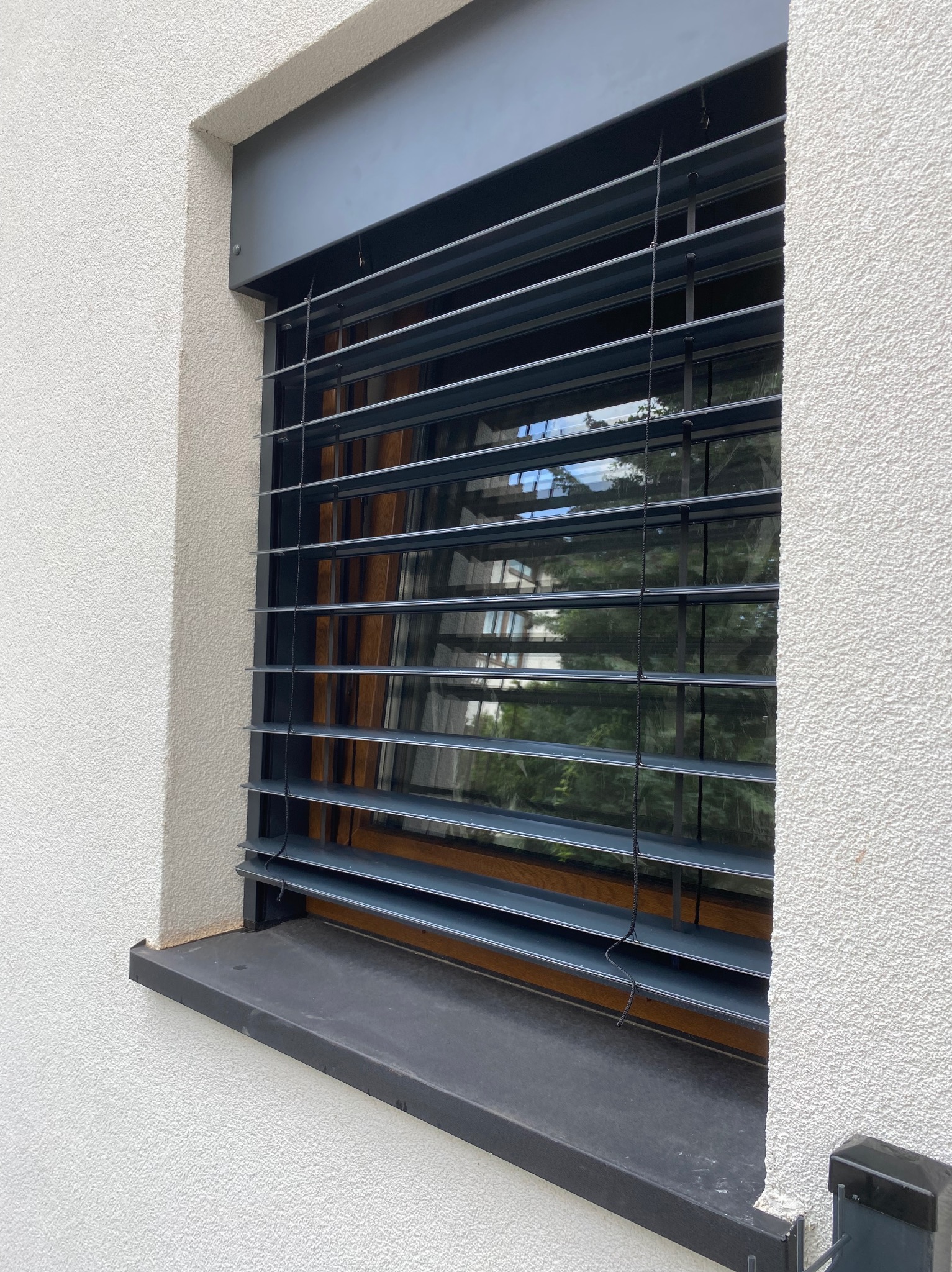 Szare listwy żaluzji fasadowej zamontowane w oknie budynku z białą, chropowatą elewacją. Widoczne odbicie drzew w szybie.