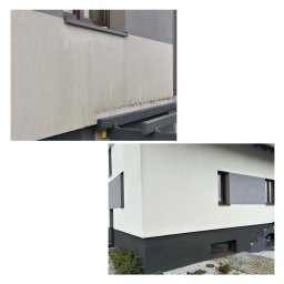 KRYPEZ - Elewacja domu: górny fragment brudny, dolny czysty po zabiegu. Widoczna różnica w kolorze i czystości powierzchni. Dwukolorowa elewacja, szara podmurówka.