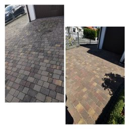 KRYPEZ - Zdjęcie kostki brukowej przed i po czyszczeniu, z wyraźną różnicą w kolorze i czystości. Po lewej stronie widoczny brud, po prawej czysta kostka, brama garażowa w tle.