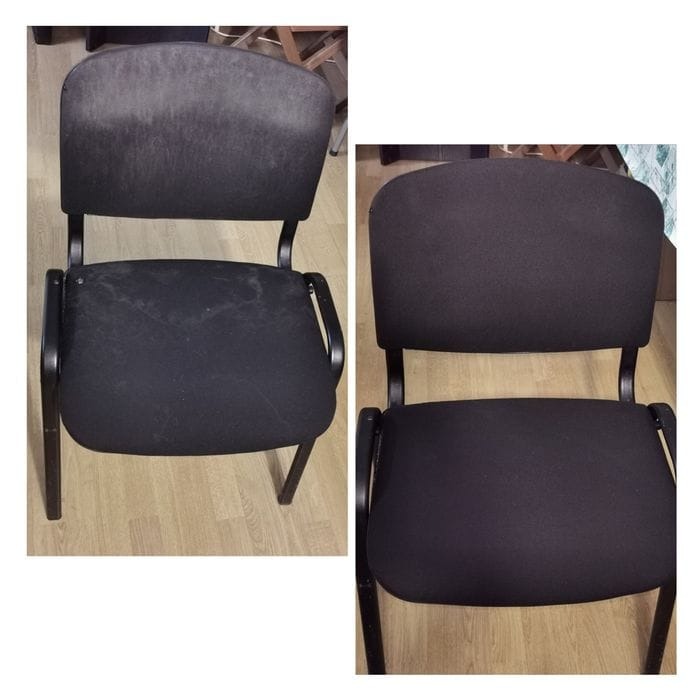 Krzesło biurowe z czarną tapicerką, prezentujące efekt przed i po czyszczeniu. Widoczne wyraźne różnice w czystości materiału.