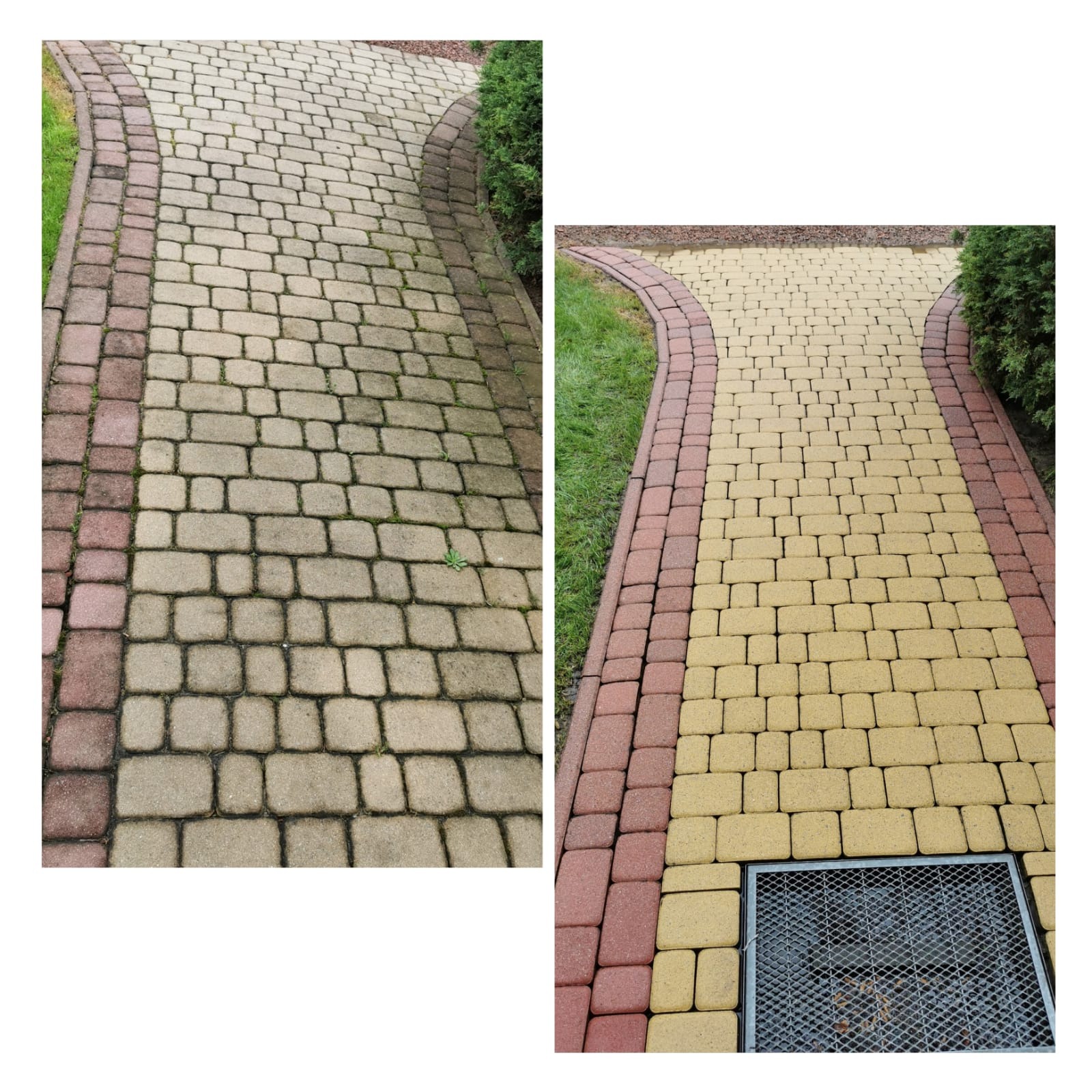 Kostka brukowa przed i po czyszczeniu. Po lewej stronie widoczny brudny fragment, po prawej - wyczyszczona, żółta kostka z czerwoną obwódką i kratką ściekową.