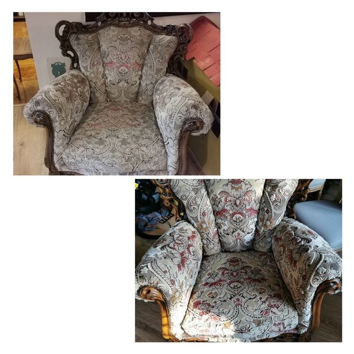 Antyczny fotel z ozdobną ramą, prezentowany w układzie 'przed i po' praniu tapicerki, ukazujący różnicę w kolorze i czystości wzoru.