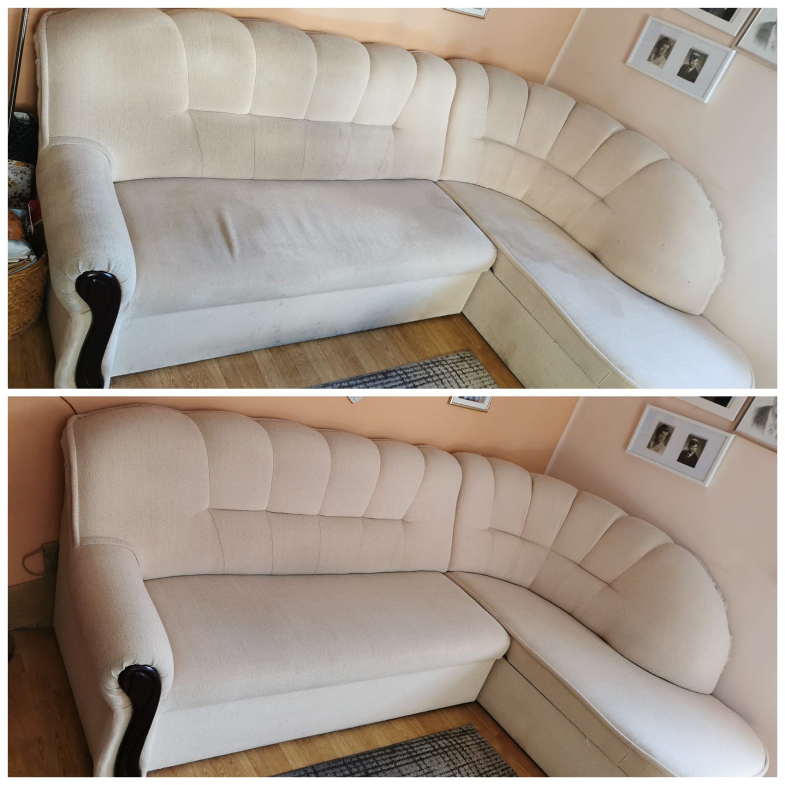 Kadr 'przed i po' narożnika tapicerowanego w beżowym odcieniu. Widoczne różnice w czystości tapicerki, szczególnie na siedzisku i oparciach. Ujęcie z bliska, w naturalnym świetle.