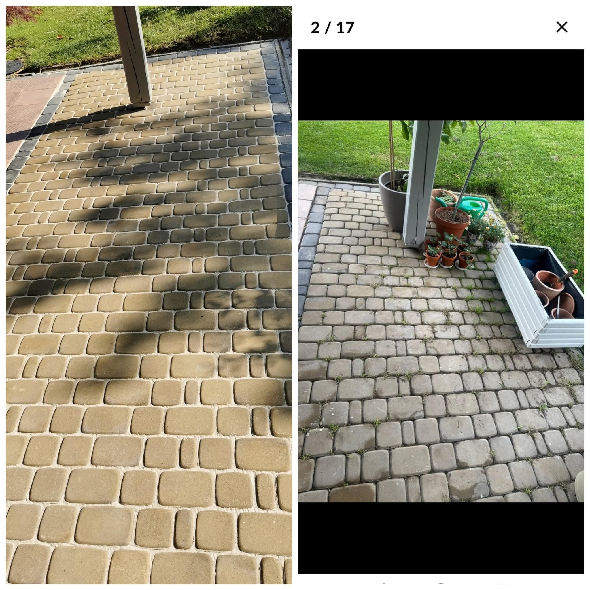 Porównanie kostki brukowej przed i po czyszczeniu: po lewej czysta, beżowa, po prawej zabrudzona, szara z roślinnością. Widoczny fragment trawnika i doniczki.