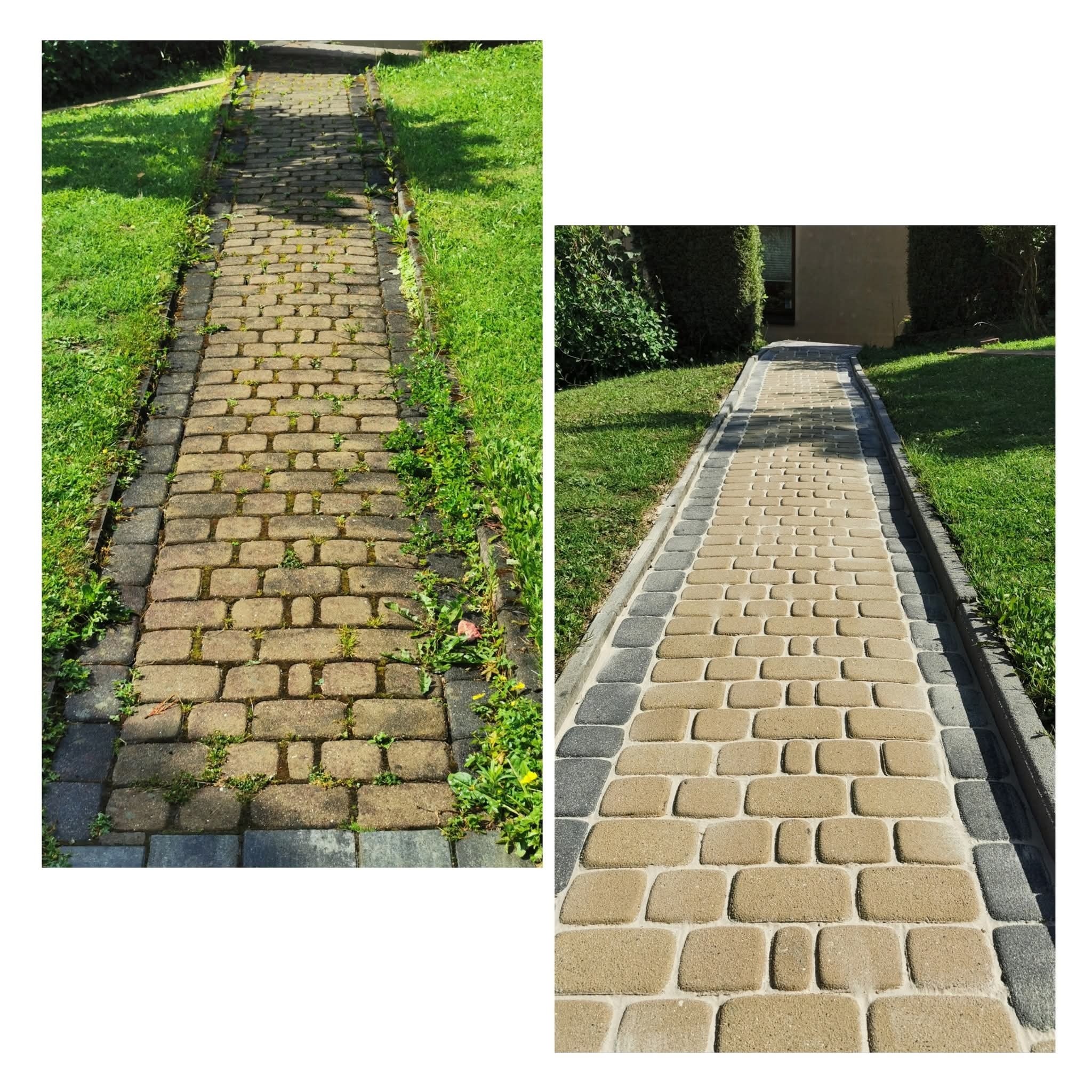 Zdjęcie kostki brukowej przed i po czyszczeniu, z widoczną różnicą w kolorze i brakiem chwastów. Jasne, słoneczne oświetlenie podkreśla efekt.