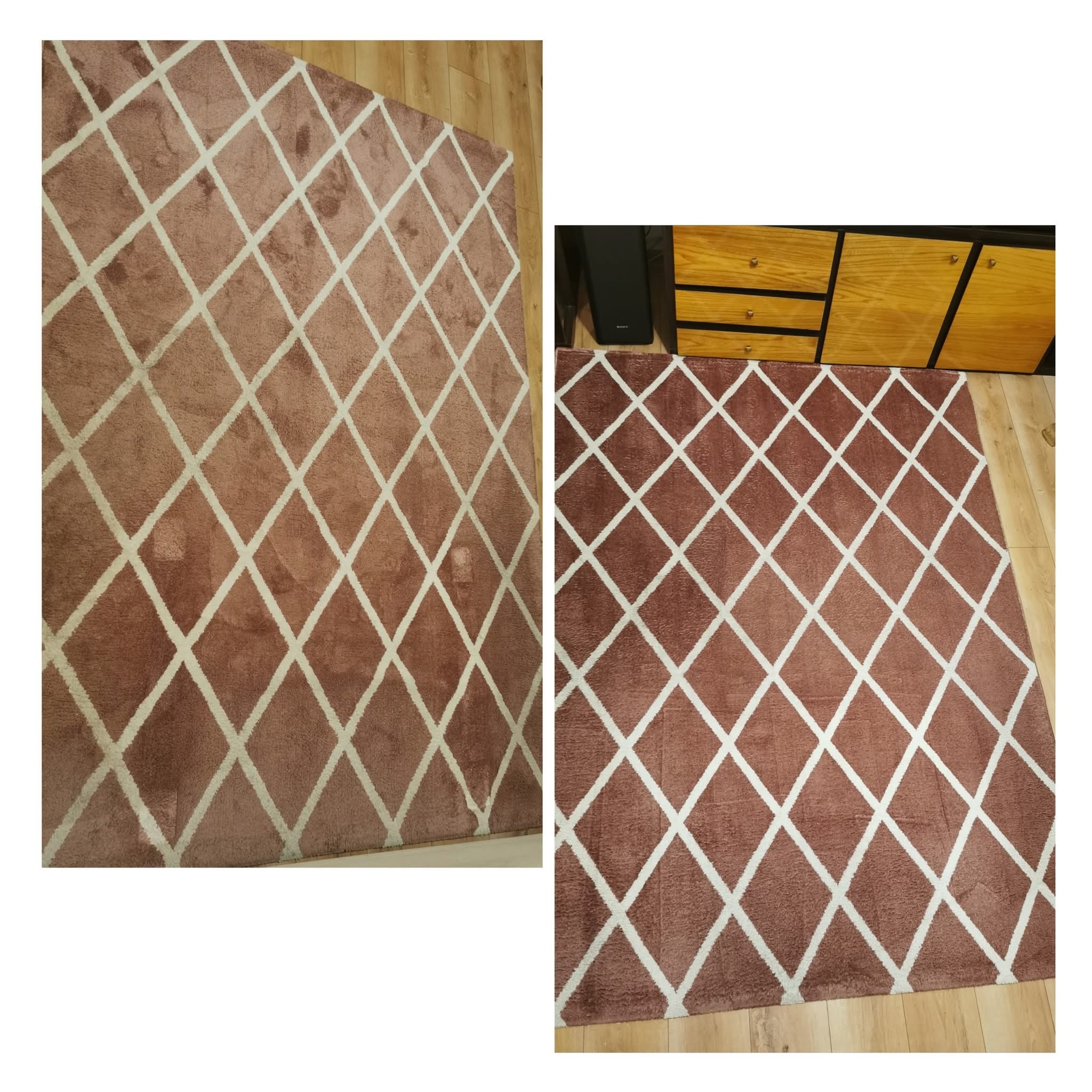 Dywan w odcieniach brązu z geometrycznym wzorem rombów, ułożony na drewnianej podłodze, widok z góry. Po prawej stronie widoczny fragment szafki.