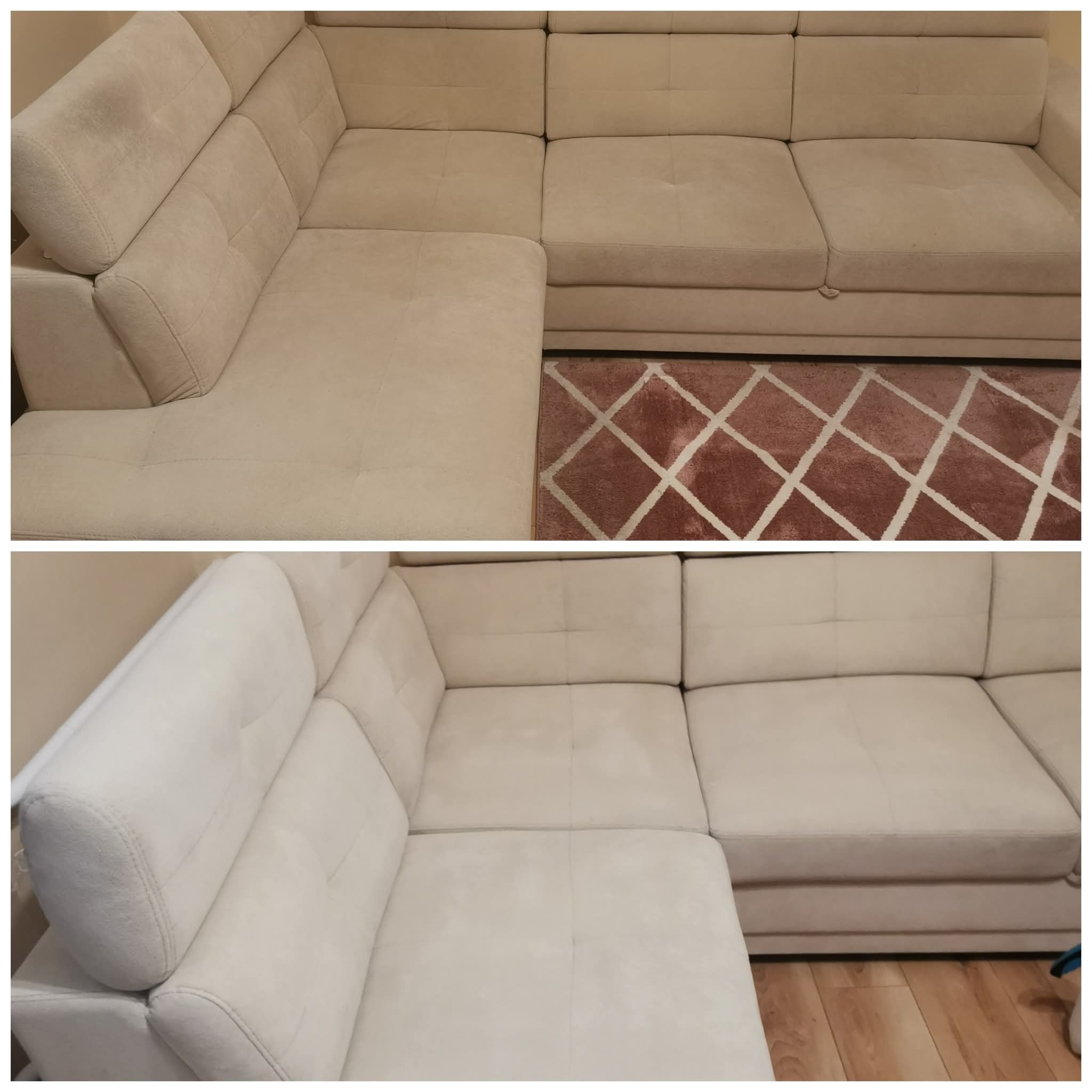 Zdjęcie narożnika w beżowym odcieniu przed i po praniu. Widoczna różnica w czystości tapicerki, z lewej strony narożnik jest bardziej zabrudzony, z prawej czysty.