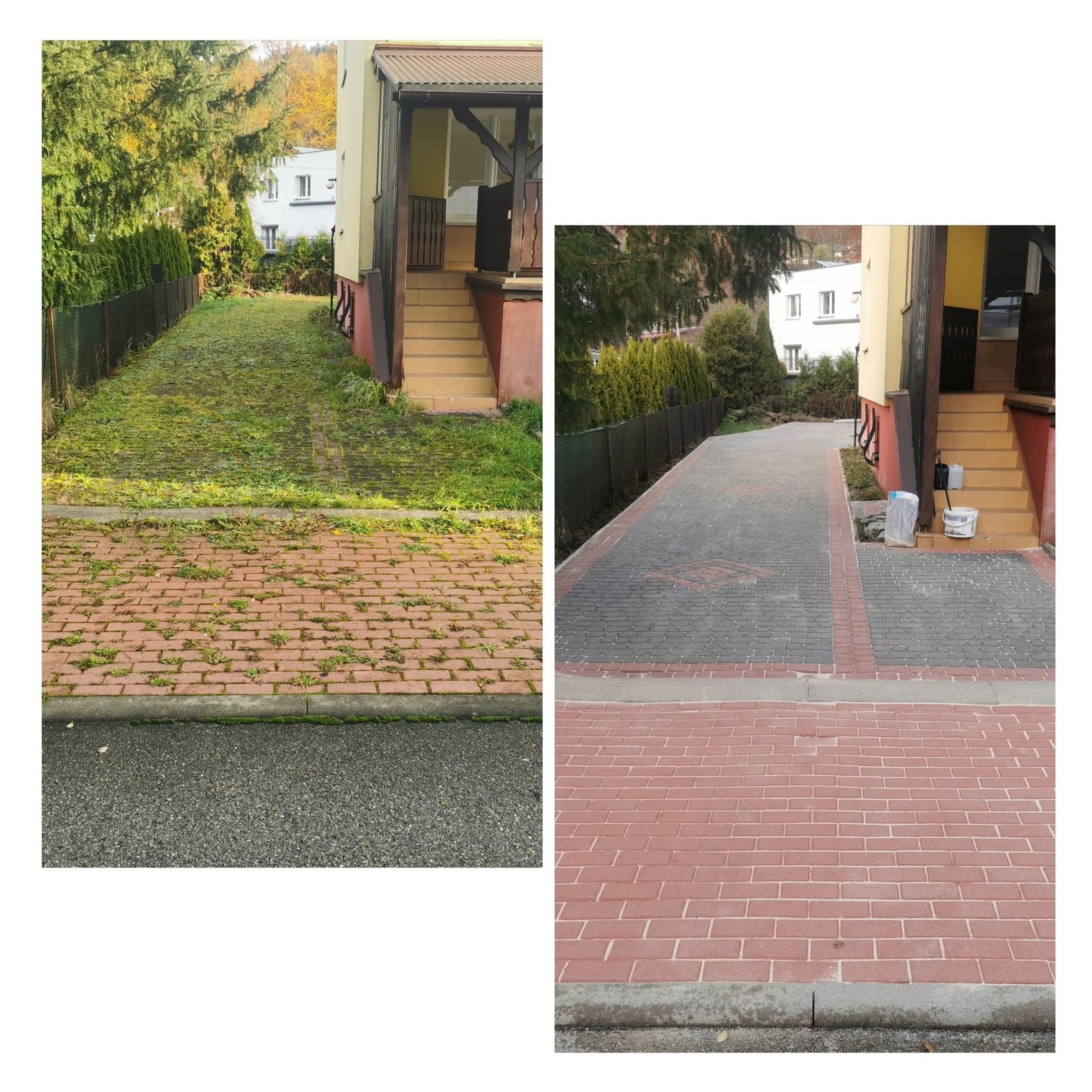 Zdjęcie 'przed i po' czyszczenia kostki brukowej na podjeździe. Po lewej kostka zarośnięta mchem i trawą, po prawej czysta, czerwona kostka. Widoczne schody wejściowe do domu.