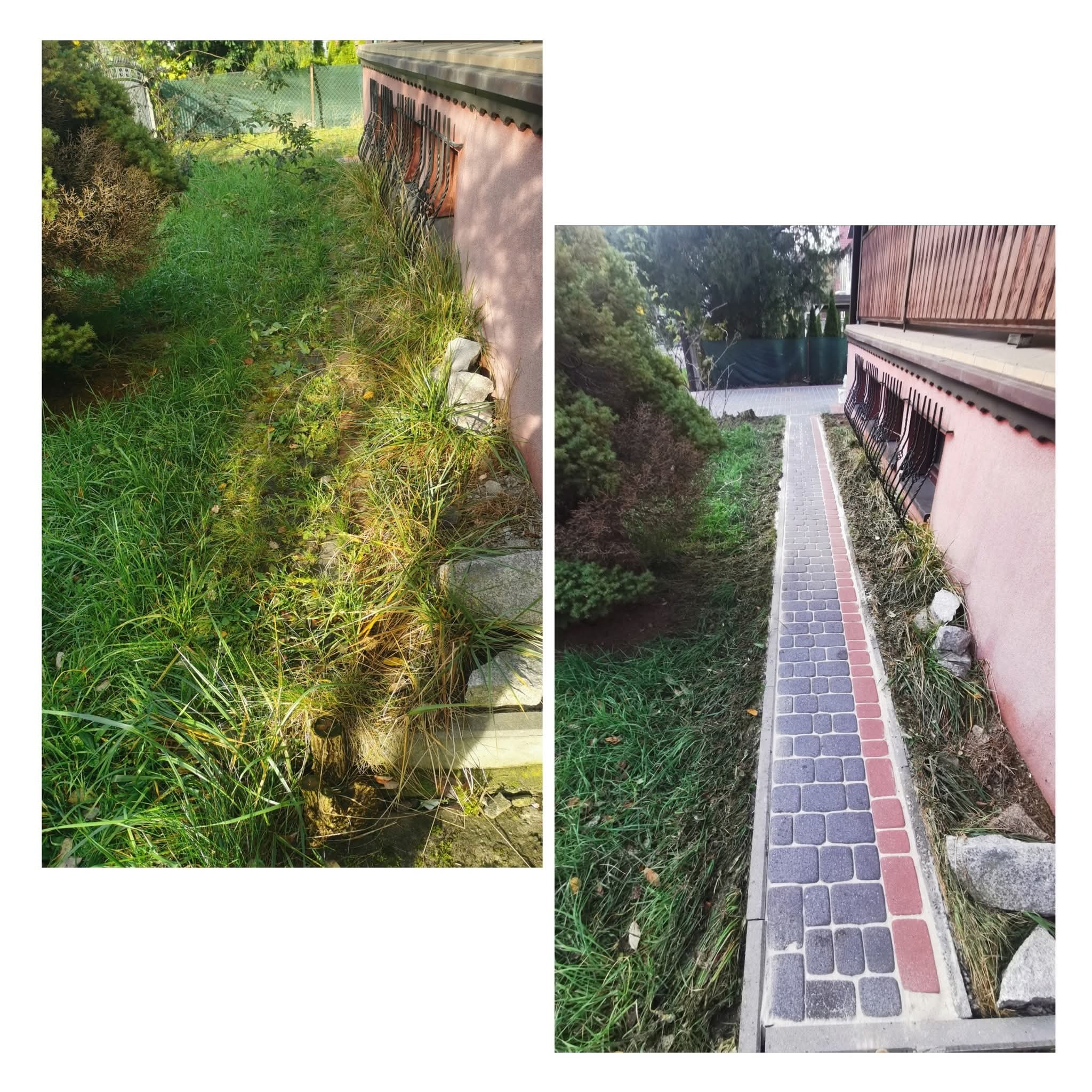 Zdjęcie 'przed i po' czyszczenia ścieżki z kostki brukowej. Po lewej zaniedbana, zarośnięta trawa, po prawej czysta, zadbana ścieżka z kostki w odcieniach szarości i czerwieni.