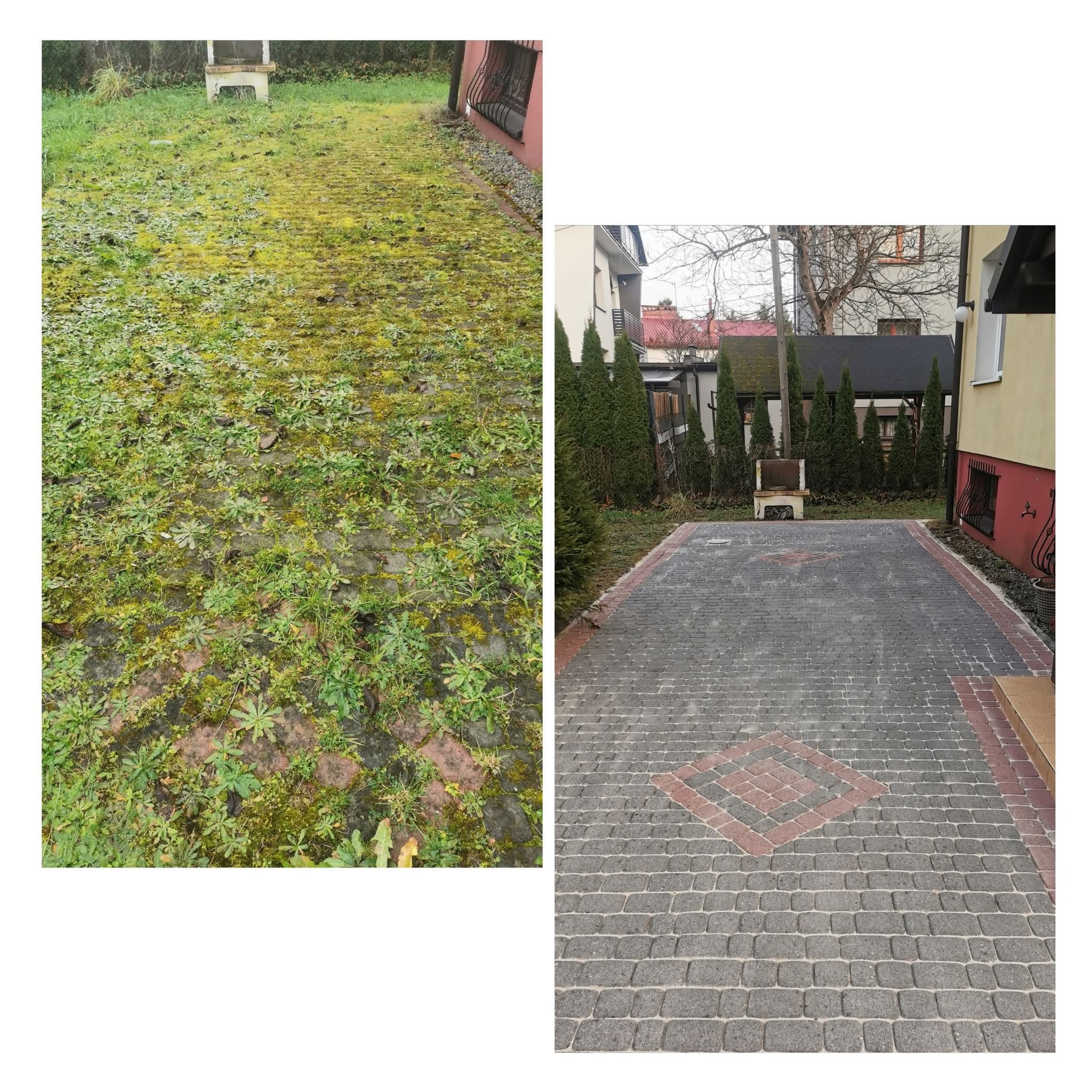 Porównanie stanu kostki brukowej przed i po czyszczeniu: zarośnięta mchem i chwastami kontra czysta, szara kostka z dekoracyjnym wzorem. Widok na ogród.