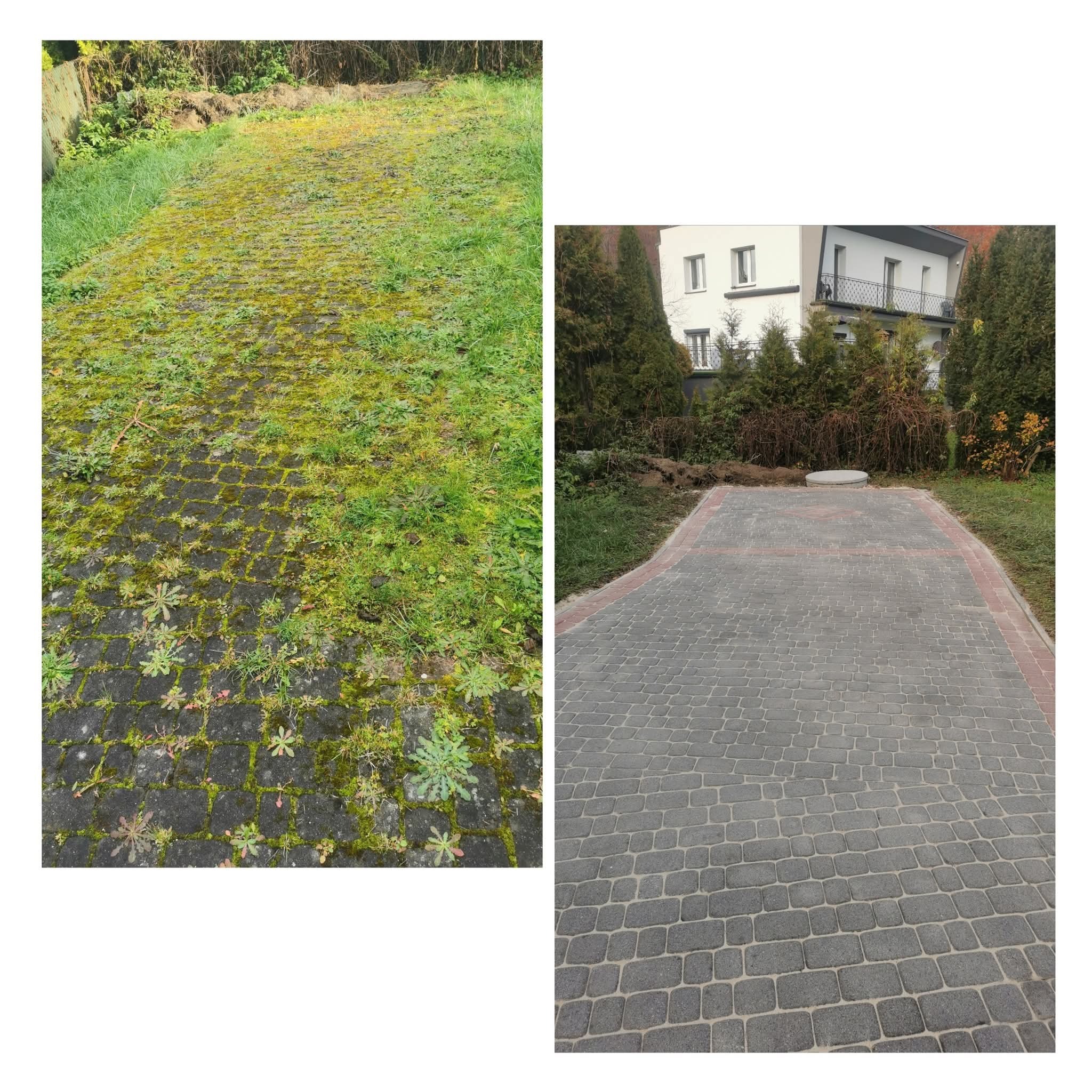 Zdjęcie 'przed i po' prezentujące efekt czyszczenia kostki brukowej. Po lewej kostka porośnięta mchem i trawą, po prawej czysta, szara kostka brukowa z czerwoną obwódką.