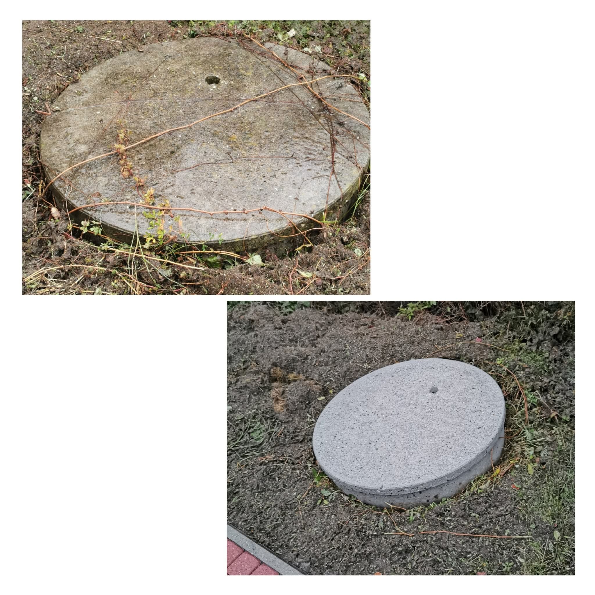 Dwa ujęcia betonowych pokryw studzienek kanalizacyjnych, jedna z porostem i gałązkami, druga czysta, otoczona ziemią i roślinnością. Widoczny fragment kostki brukowej.