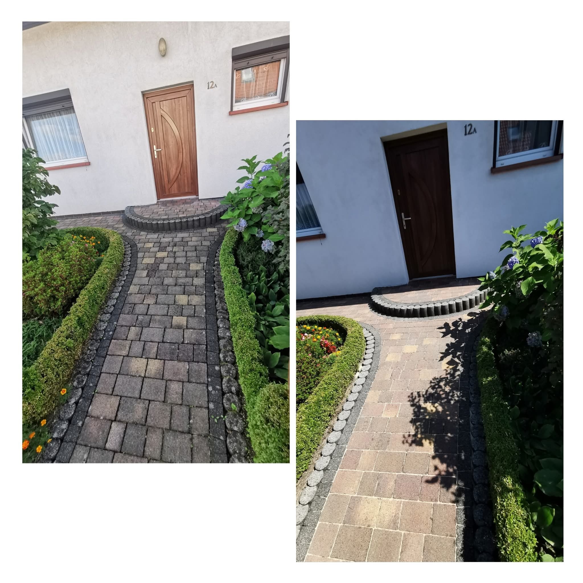 Kostka brukowa przed domem z numerem 12A, otoczona zielenią i kwiatami. Zdjęcie typu 'przed i po' prezentuje różnicę w wyglądzie nawierzchni.