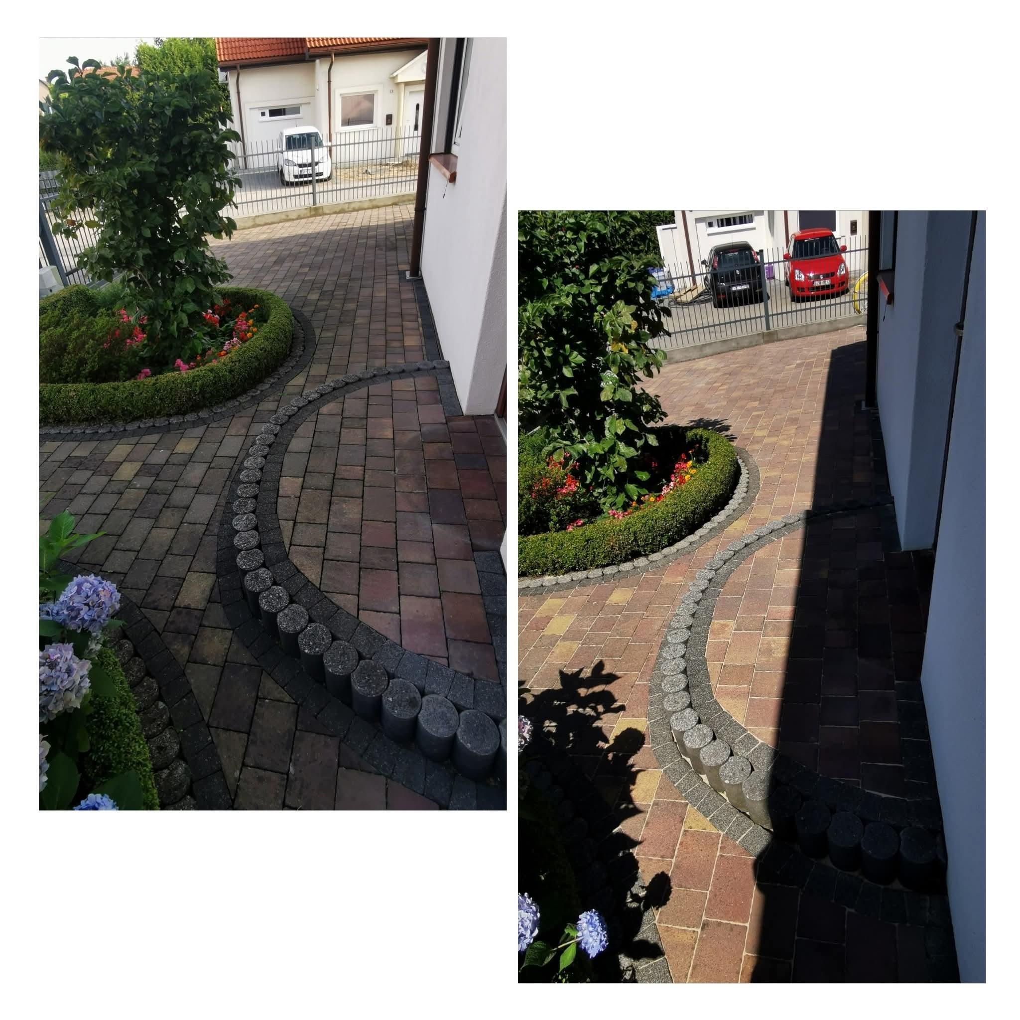 Ułożona kostka brukowa w ogrodzie z dekoracyjnymi obrzeżami i roślinnością. Widok z góry na ścieżkę i rabaty kwiatowe. Część kostki w cieniu, część oświetlona słońcem.