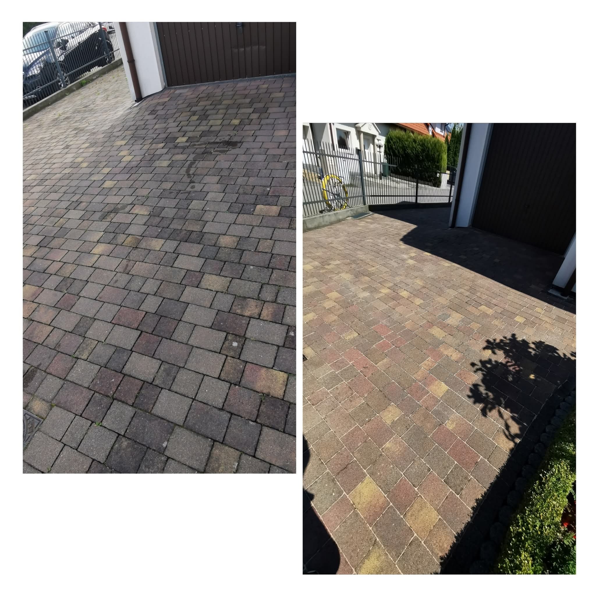Zdjęcie kostki brukowej przed i po czyszczeniu, z wyraźną różnicą w kolorze i czystości. Po lewej stronie widoczny brud, po prawej czysta kostka, brama garażowa w tle.