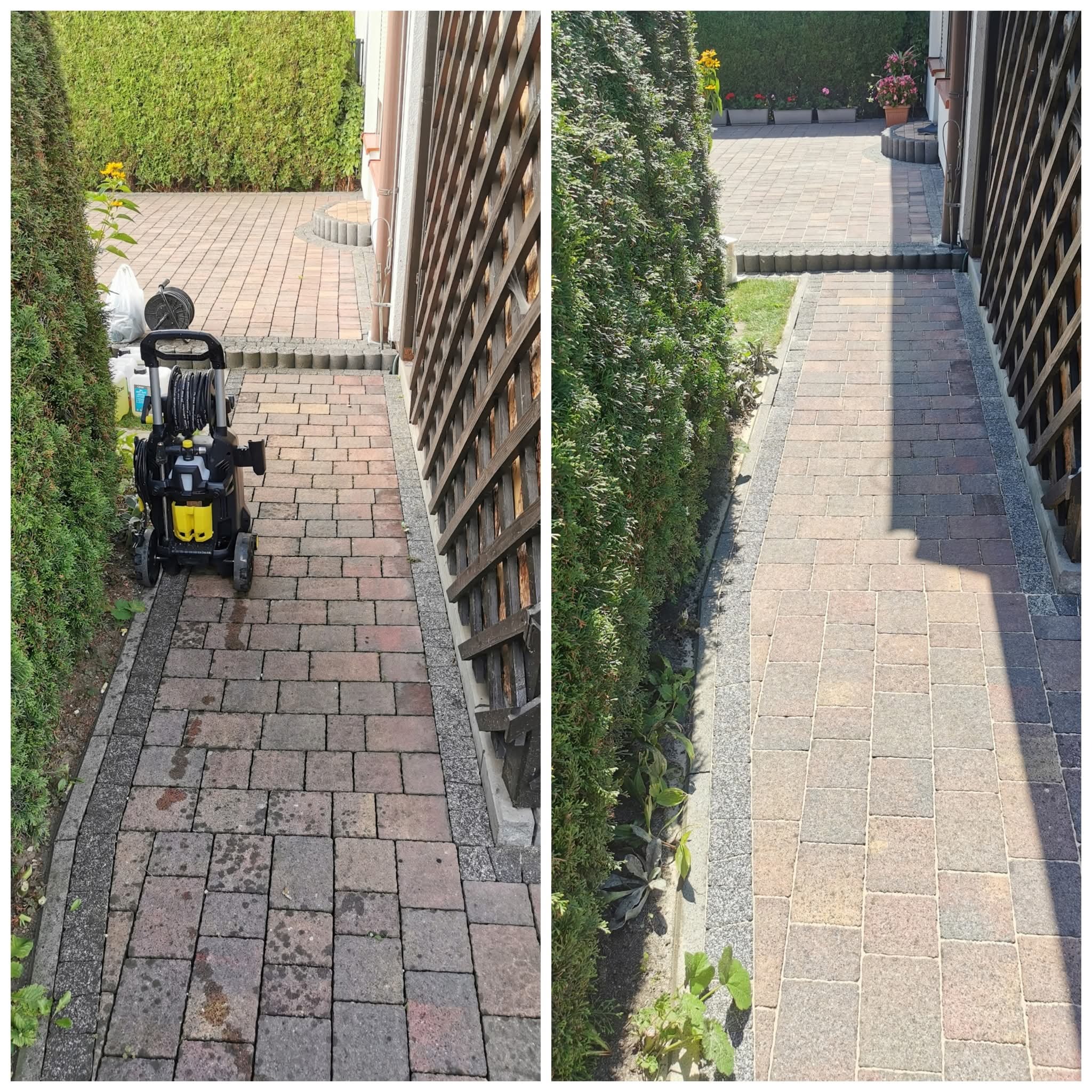 Zdjęcie 'przed i po' czyszczenia kostki brukowej na posesji. Po lewej stronie widoczny sprzęt do czyszczenia. Po prawej czysta kostka brukowa.