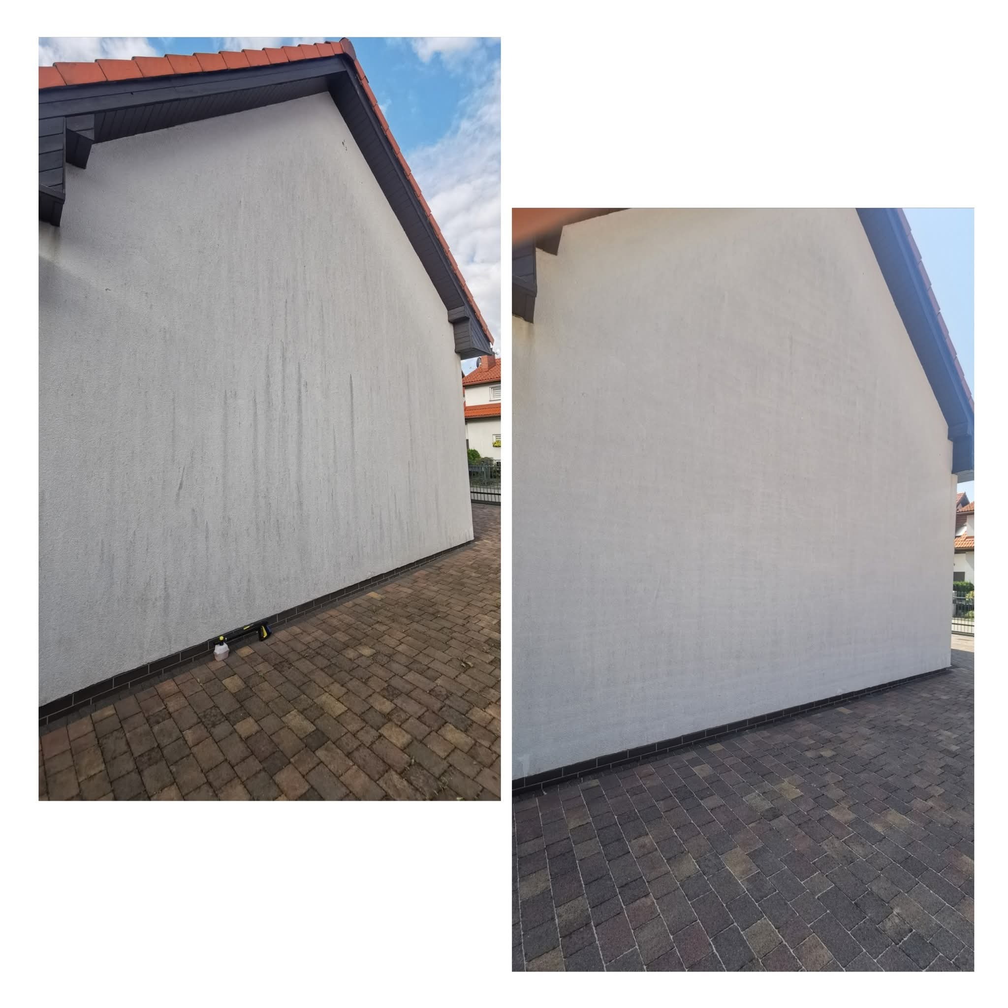 Zdjęcie elewacji domu przed i po czyszczeniu. Po lewej stronie widoczne zabrudzenia, po prawej czysta, jasna elewacja. Kostka brukowa w odcieniach brązu.