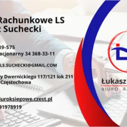 Wizytówka biura rachunkowego Łukasza Sucheckiego z danymi kontaktowymi, logo LS i adresem w Częstochowie na tle laptopa, z akcentami kolorystycznymi.
