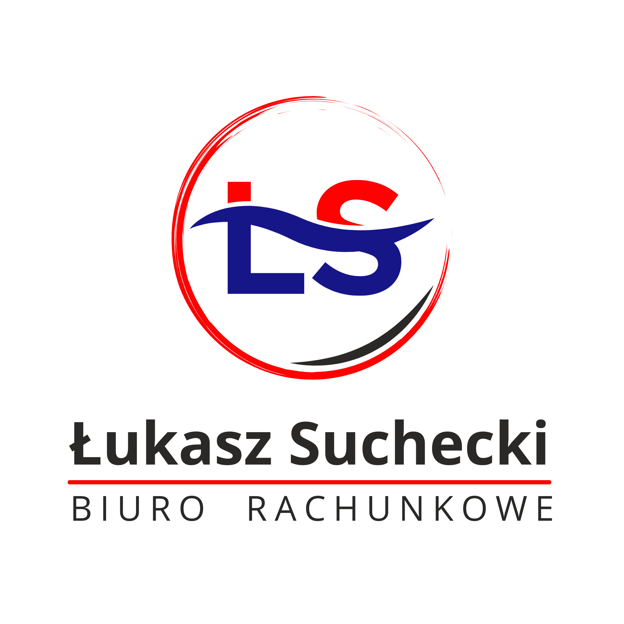 Graficzne logo biura rachunkowego Łukasza Sucheckiego: czerwono-niebieski symbol LS w okręgu z dopiskiem 'BIURO RACHUNKOWE' poniżej.